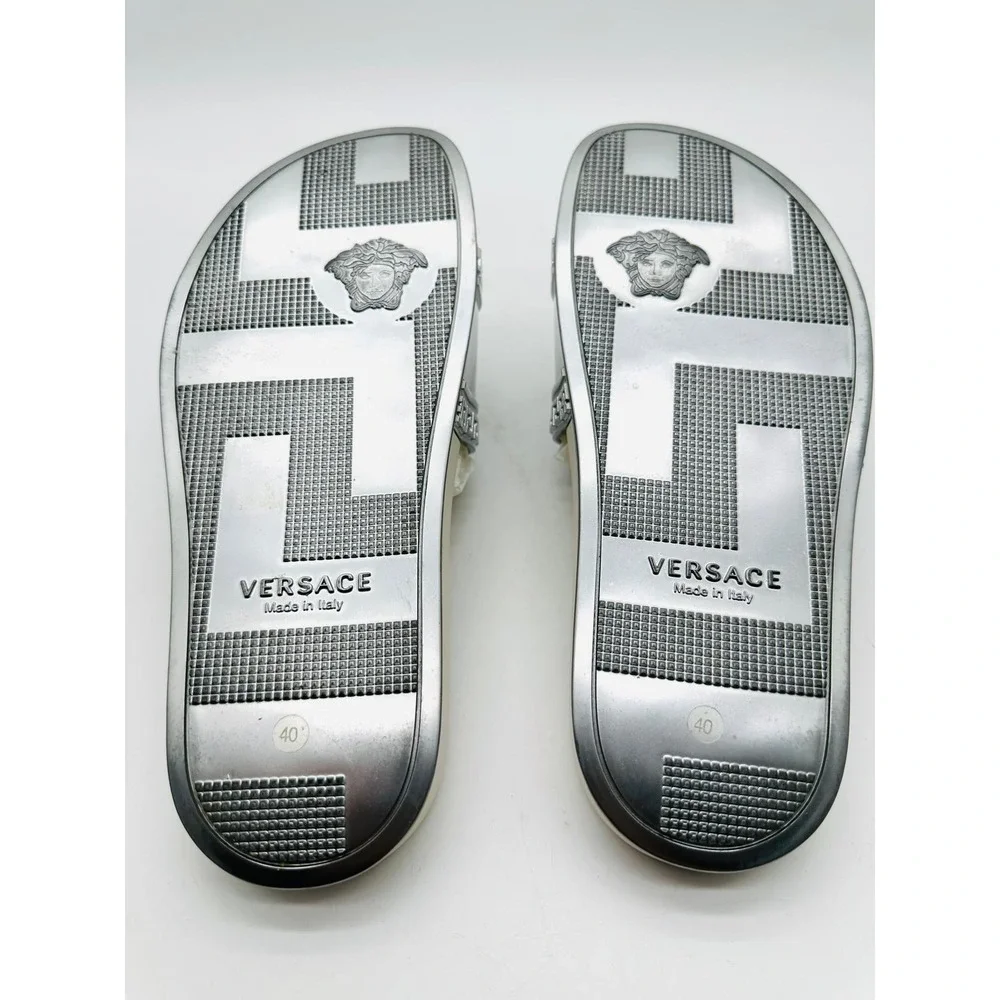 Versace Medusa Head Greek Key Slides Silver Off White Mens Sandals Sz 40 IT US 7